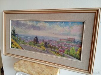 Krásny starý slovenský obraz - Výhľad na Bratislavu 88x48 cm