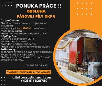 Obsluha pásovej píly DKP 6 - Vaša príležitosť