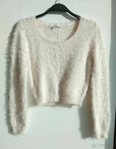 Dámsky chlpatý ružový sveter/tričko/crop top, dlhý rukáv - 1