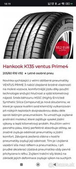 Hankook ventus prime4 205/60/R16 92V letné