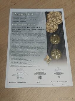 Pamätný list Zavedenie zlatej mince - dukátu v Uhorsku