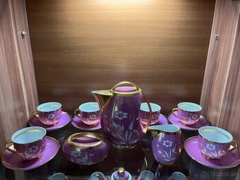 Nádherný fialový porcelánový kávový servis bohato pozlátený