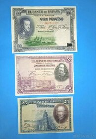 Bankovky ŠPANĚLSKO - 25, 50, 100 Pesetas 1925-1928