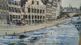Starožitný  obraz aguarel kvas  Gent  and Its Rivers - 1