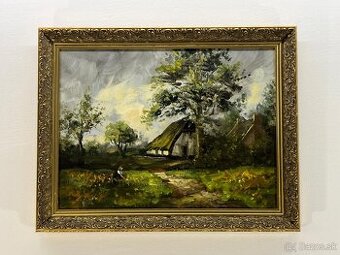 Olejomaľba chalupky s dievčatkom