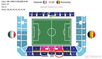 Predam vstupenky -na ME U21 vo futbale na zapas ITA VS ROU