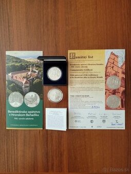 Strieborná minca 10€ a pamätný  list Hronský Beňadik