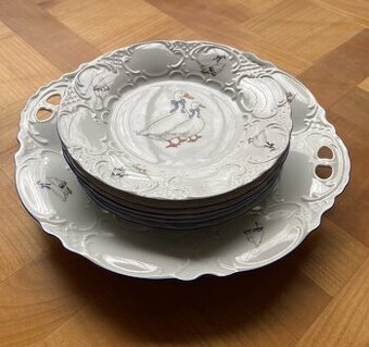 7 dielna nová porcelánová koláčová súprava husi