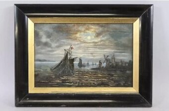 Predám starožitnú olejomalbu na plátne 50cm x 37cm ,,Prístav