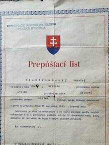 Slovenský štát prepúšťací list 1941