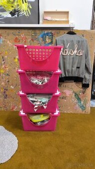 4 úložné boxy ružové - vyskladateľné do poličky, stohovateľn