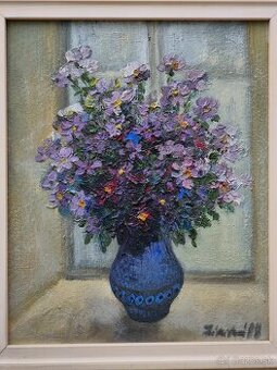Originál Silvia Fridrichova Fialova kytica olej rok 1988