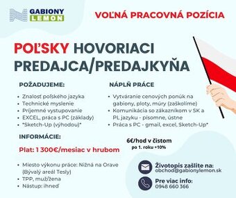 Hľadáme do tímu: Poľsky hovoriaci predajca (Nižná na Orave)