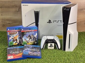 Sony Playstation 5 Slim, mechanika, 1 ovládač, 4 hry