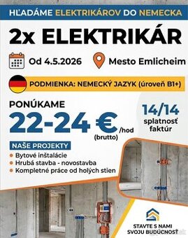 Hľadáme 2x elektrikárov - Nemecko