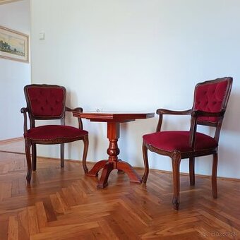 ŠTÝLOVÁ ZOSTAVA – 2 kreslá + stolík, retro čalúnenie