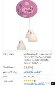 Predam detsky ruzovy luster s medvedikom