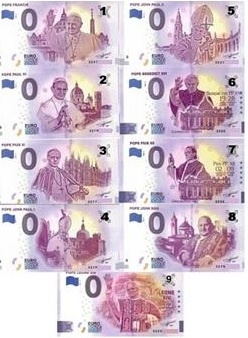 Sada 0 euro bankovka - SADA 9 ks - PÁPEŽOV.