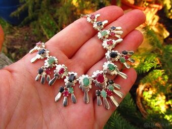 Strieborný náhrdelník, Rubín, Zafír, Smaragd, Ag 925