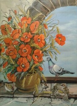 Obraz, Zátišie Maky a holub, originál, olejomaľba plátno