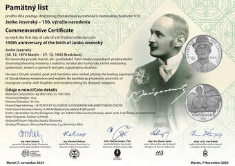 10€ minca Janko Jesenský v Proof + BK + PL  (euro mince)