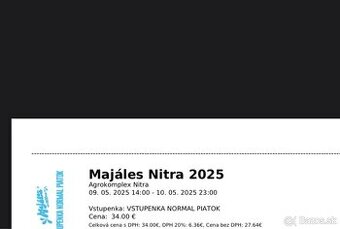 Predám 1x klasický lístok na Majáles Nitra 2025 – 9.máj