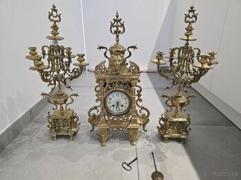 starožitná krbová súprava (hodiny + 2 svietniky) – Japy Frèr