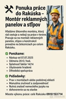 🔧 Ponuka práce do Rakúska – Montér reklamných panelov a stĺ