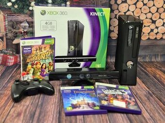 Xbox 360 Slim, pohybový snímač Kinect, 1 ovládač a 3 hry