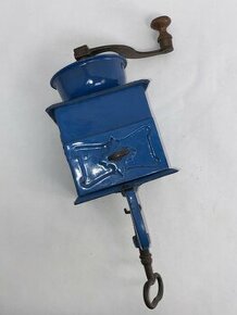 Veľký plechový šroubovací mlynček na kávu, modrý smalt