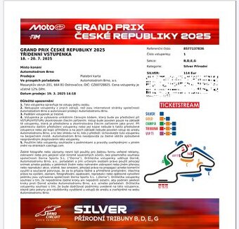 Predám lístok na MotoGP Českej republiky. Silver kategória.