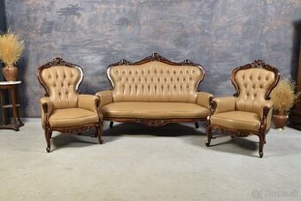 POHOVKA + DVE KRESLÁ, KOŽENÉ ČALÚNENIE, KONŠTRUKCIA ORECHOVÉ