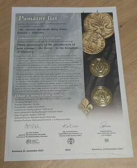 Pamätný list Zavedenie zlatej mince - dukátu v Uhorsku