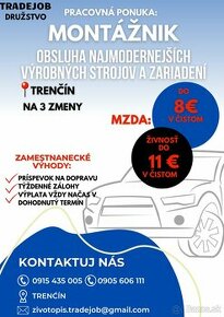 Montážny pracovník v Trenčíne až do 11 €/hod.