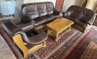 Rustikální kožená sedací souprava se stolkem, 4973