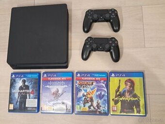 PS4 slim 500GB, 2 ovládače, 4 hry