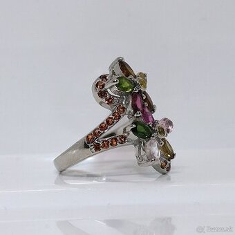 Dámsky strieborný prsteň 925 s 40 farebnými turmalínmi a 2 z