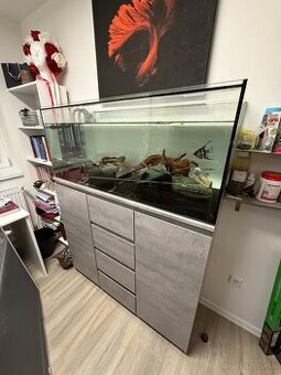 300L akvárium so skrinkou, technikou, rybičkami a dekoracie - 1