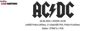 Predám  vstupenku na AC/DC Praha