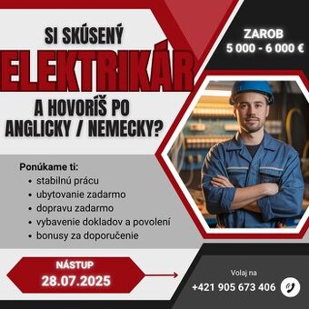 Elektrikár - nástup 28.7.2025 - štáty EU