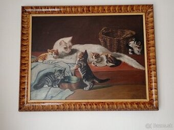 Obraz, starožitnosti, olejomaľba, mačka