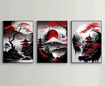 trojdielny obraz japonskej krajiny na plátne - 50x70cm