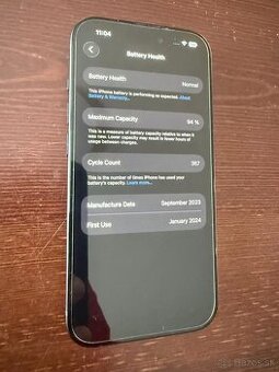 iPhone 15 128GB, cierny, 94% zdravie baterie