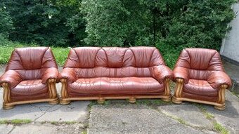 Kožená sedacia súprava 3+1+1 s mas.dubovým drevom