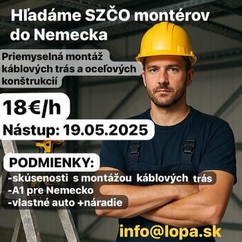 Hľadáme SZČO montérov káblových trás do Nemecka ✅
