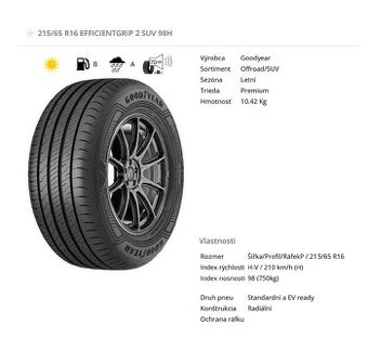 Letné pneumatiky nové 215/65 R16 98H