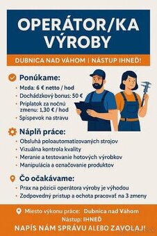 Operátor/ka výroby – Dubnica nad Váhom | Nástup ihneď