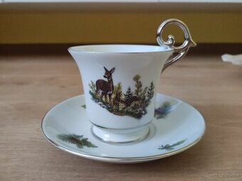 2 šálky s podnosom s poľovníckym motívom - český porcelán