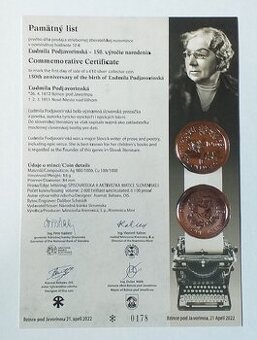 Pamätný list 2022 10 € Ľudmila Podjavorinská