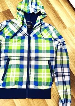 Dámska PRECHODNÁ BUNDA č. XS-káro na zips s kapucňou